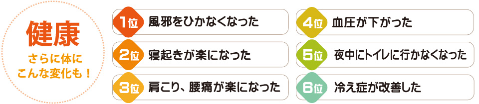 1位 風邪をひかなくなった 2位 寝起きが楽になった 3位 肩こり腰痛が楽になった 4位 血圧が下がった 5位 夜中にトイレに行かなくなった 6位 冷え性が改善した